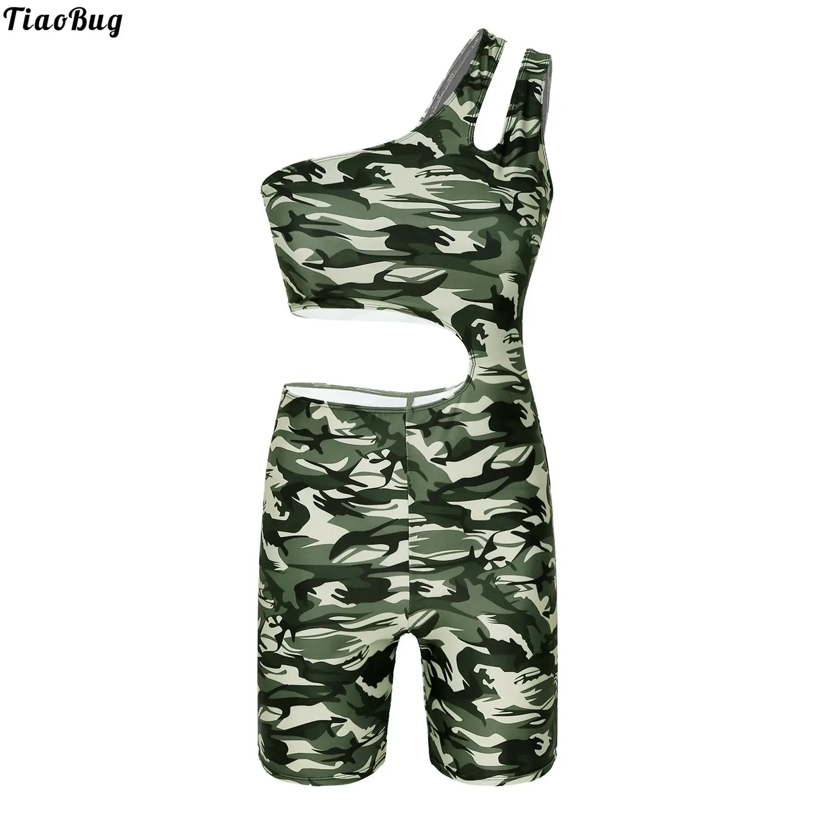 

Women One-Piece Camouflage Print Slant Shoulder Sleeveless Open Waist High Waist Short Jumpsuit Sport Bodysuit For Yoga Fitness