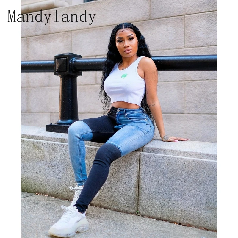 

Mandylandy Spring Autumn Leisure High Waist Slim-Fit Buttoned Pencil Jeans Women's Fashion Vintage Washed Stitching Denim Pants
