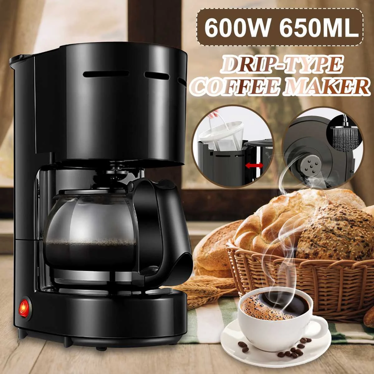 

Кофемашина капельная Becornce, 600 Вт, 6 чашек, американская, для приготовления чая, сухого молока