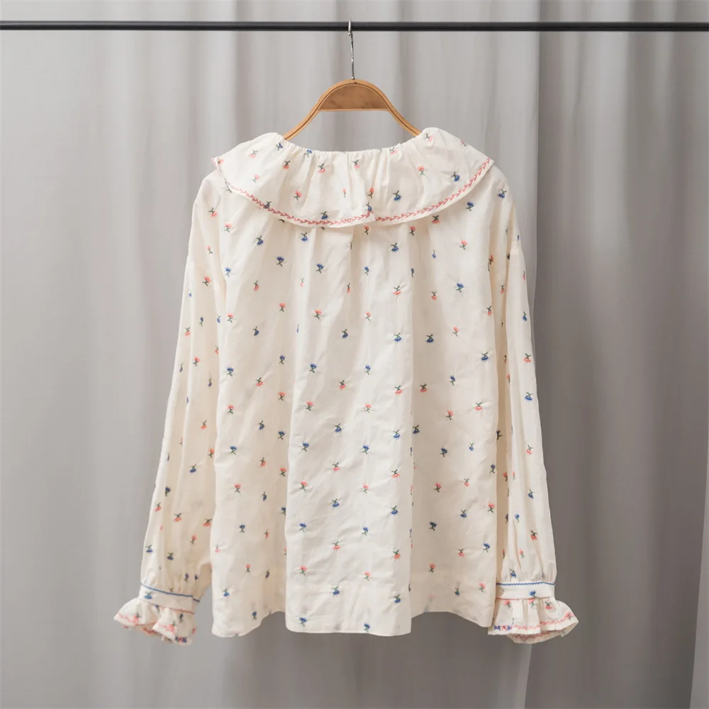 

Women's Fashion Blouse Ruffles Trim Embroideried Peter Pan Collar Long Sleeve Ladies Sweet Buttons Shirt Tops 2021 Early Autumn