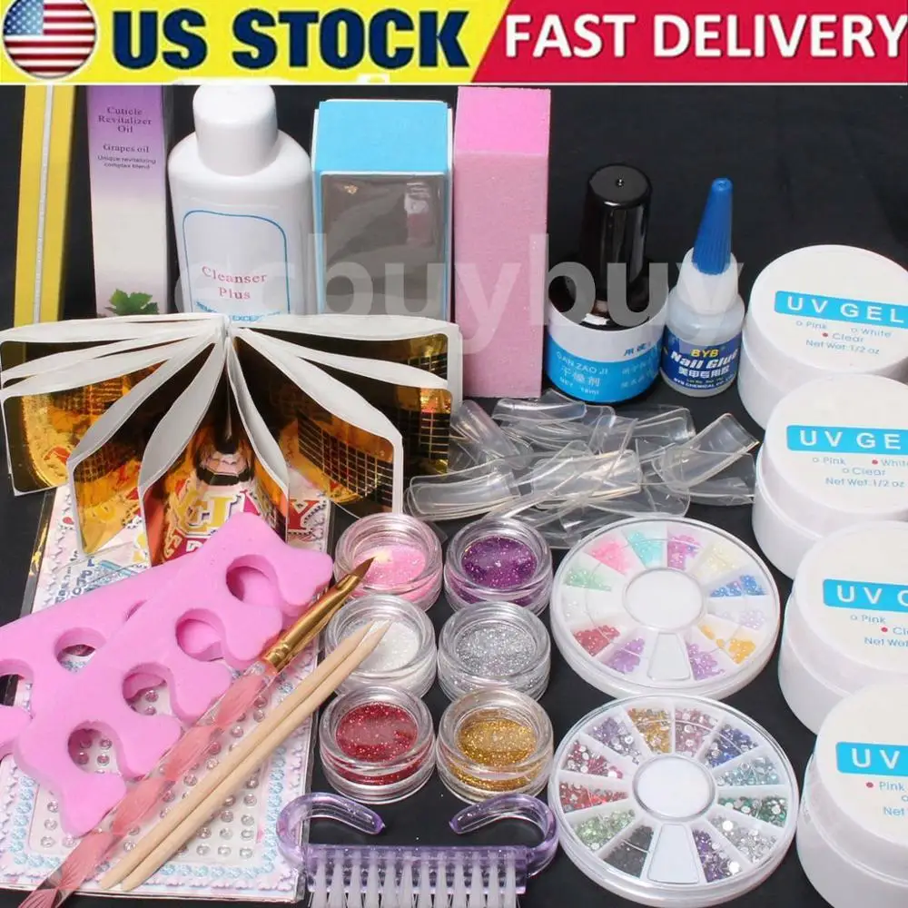 

USA Shipping Directly!! Pro Acrylic Glitter Nail Art Powder Glue File French UV Gel Tips Set Kit