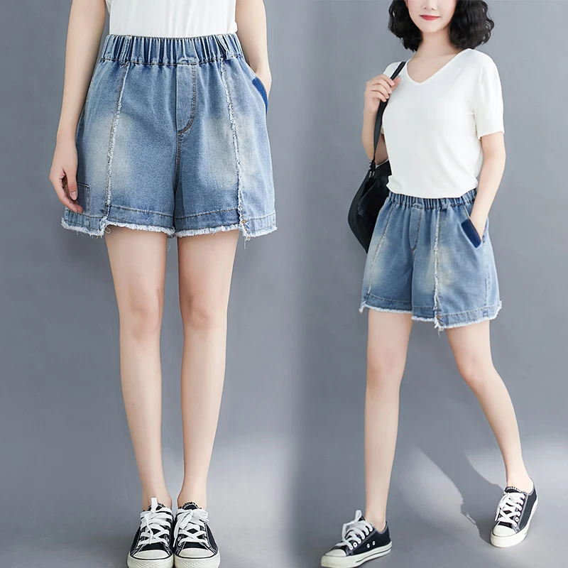

6422 Summer Washed Vintage Denim Shorts For Women Tassel Patchwork Daily Home Thin Casual Loose Wide-Leg Pants Female Clothing