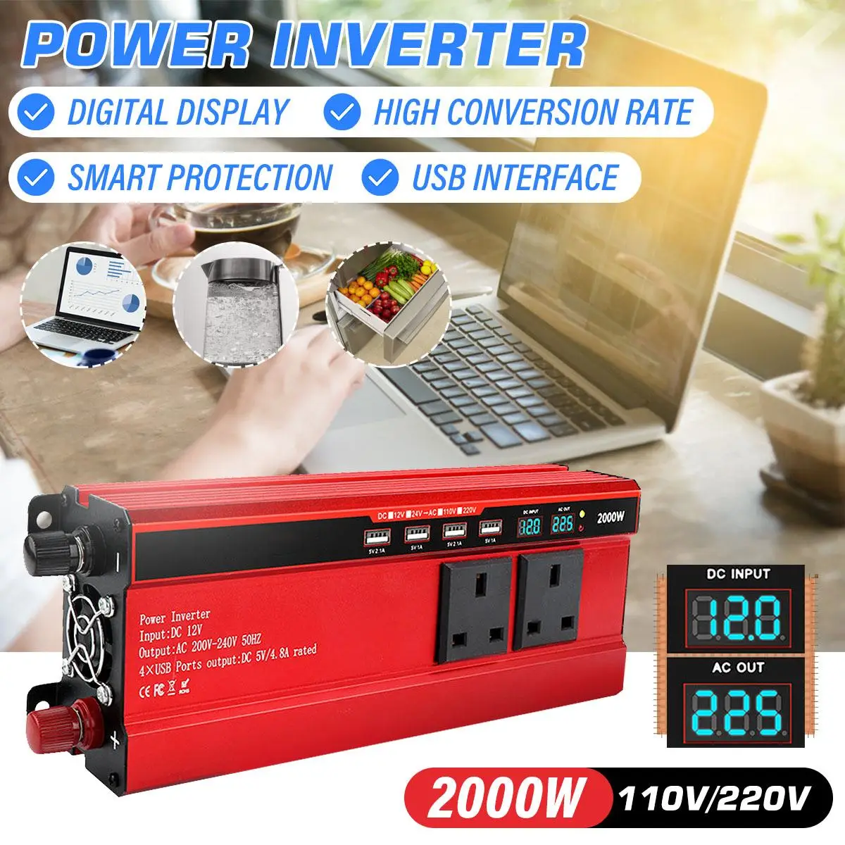 

2000W Car Inverter DC 12V 110V/220V Voltage transformer Modified Sine Wave Power Inverter 12V to AC 220V Converter+2 LED Display