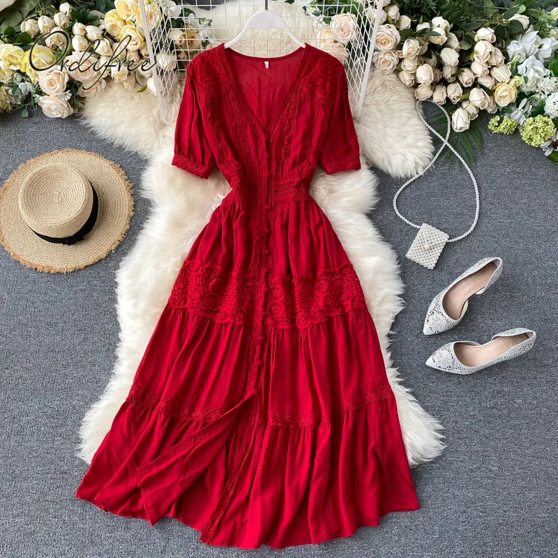 Женское длинное вечернее платье Ordifree Красное Белое Кружевное пляжное