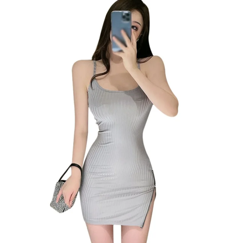 

High Waist Thin Knitted Bag Hip Sling Dress Female Summer Temperament French Zipper Vestidos Femme vestido de mujer