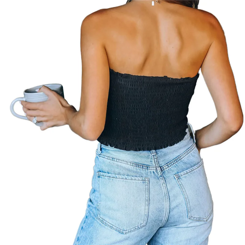 Женская блузка с открытыми плечами эластичная однотонная без бретелек бандо