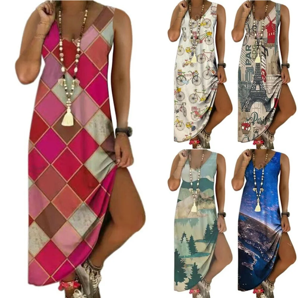 

Женское длинное платье без рукавов с V-образным вырезом и принтом, повседневные Модные свободные пляжные платья