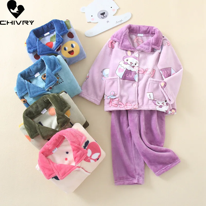 

New Kids Flannel Pajama Sets Boys Girls Autumn Winter Thicken Warm Home Wear Cartoon Lapel Long Sleeve Sleeping Clothing Sets