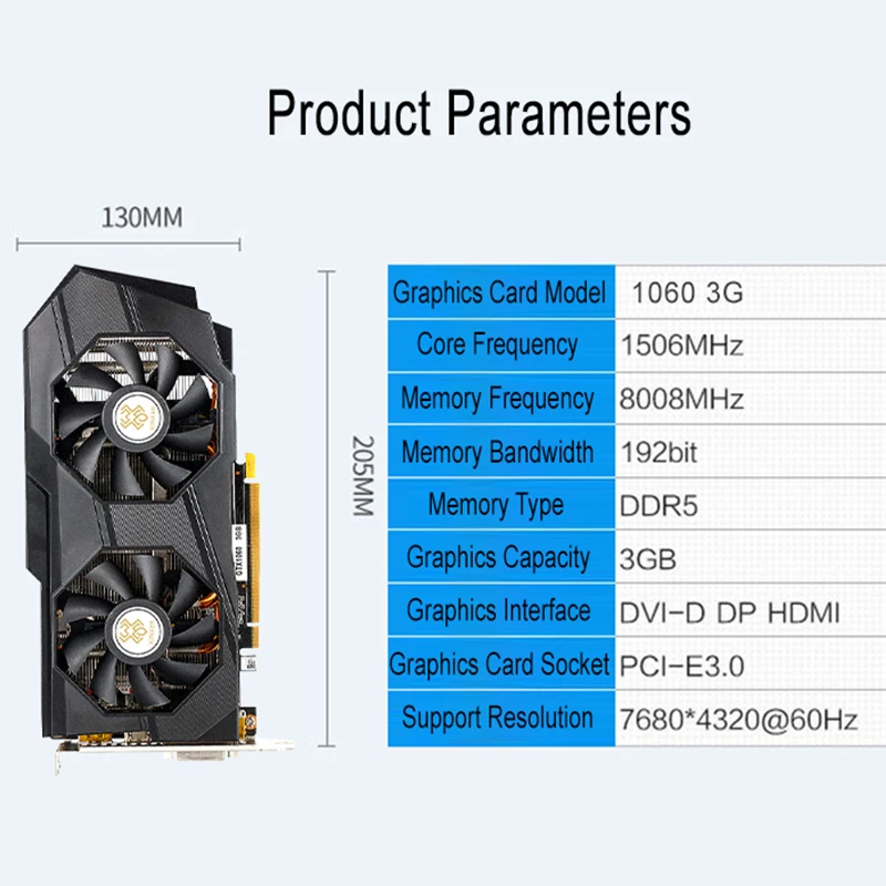 Видеокарта 8008 МГц GTX1060 3g 192Bit GDDR5 PCI-E 3,0 для NVIDIA GPU DVI-DP-HDMI с двумя вентиляторами GTX 1060