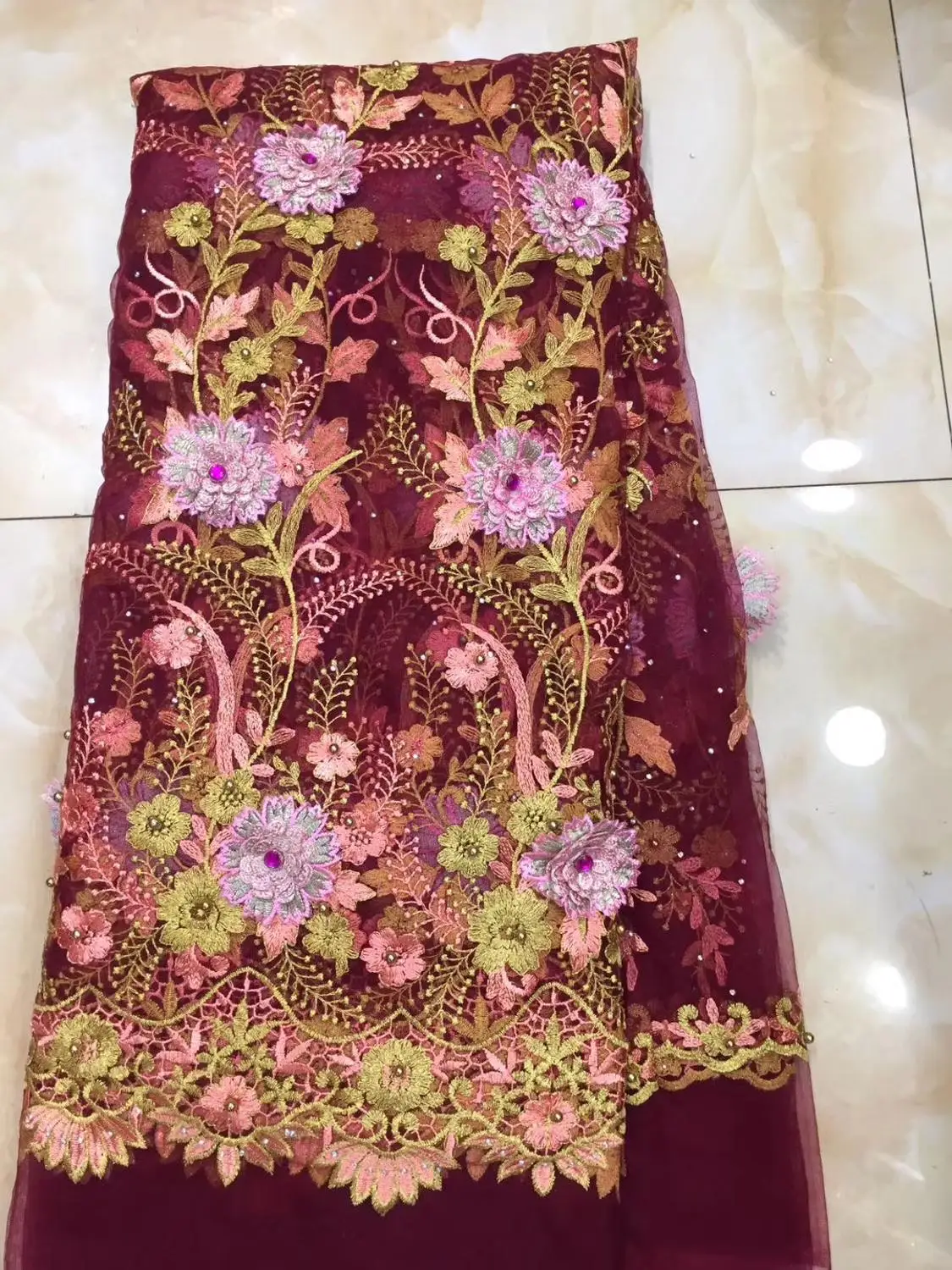 

beautiful beads net tulle lace fabric with 3D flowers 5yards african mesh lace fabric for lady wedding dress YAYUEOC152