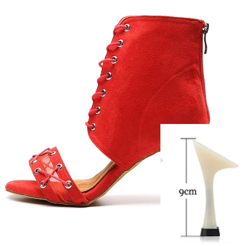 Red heel 9cm WUXIJIAO/туфли для латинских танцев; женские черные сапоги на высоком каблуке в английском стиле; удобная обувь для сальсы; вечерние туфли на молнии сзади - Цвет: Red heel 9cm