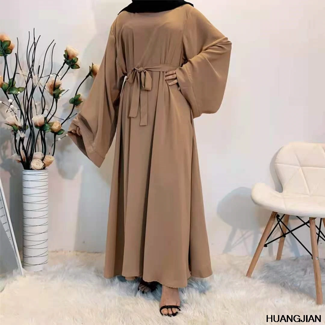 

Muslim Ramadan headscarf robe women's solid robe Dubai Turkish Islamic dress robe women's musulmane loose dress