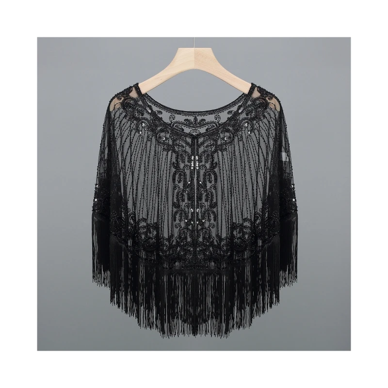 

Women Net Yarn Dense Tassel Hem Shawl Latin Dancing Belly Dance Sequin Cape