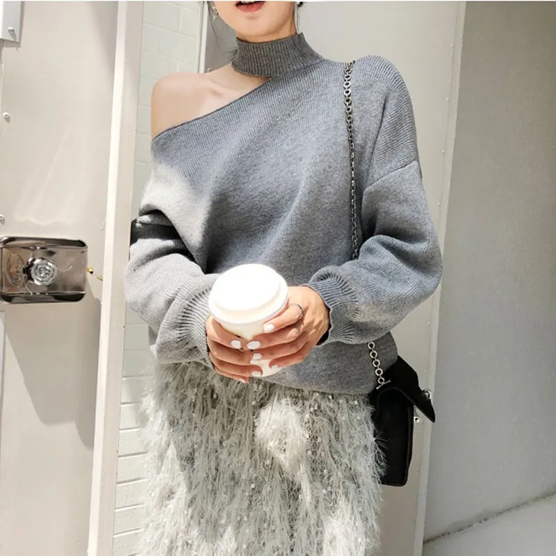 Осенне-зимний Повседневный корейский свитер с открытыми плечами водолазка