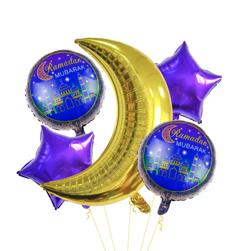 

5 шт./компл. воздушные шары Eid Mubarak для Висячий вечерние украшения в виде фиолетовых звезд золото Луна Фольга воздушный шар с гелием для мусул...
