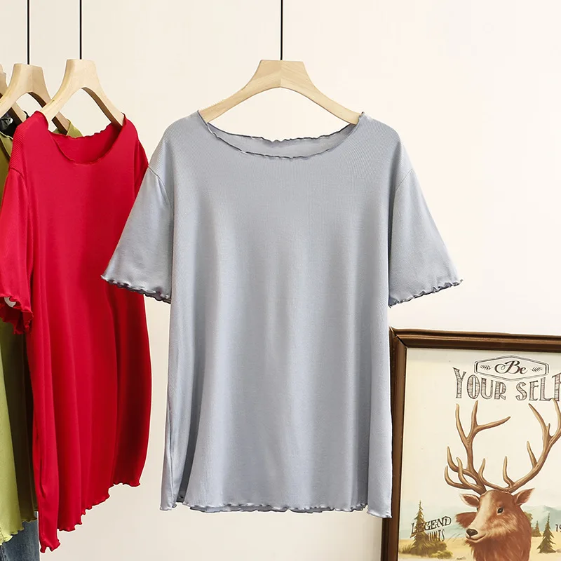 Футболка женская однотонная с коротким рукавом модный размера плюс S56-843 на лето |