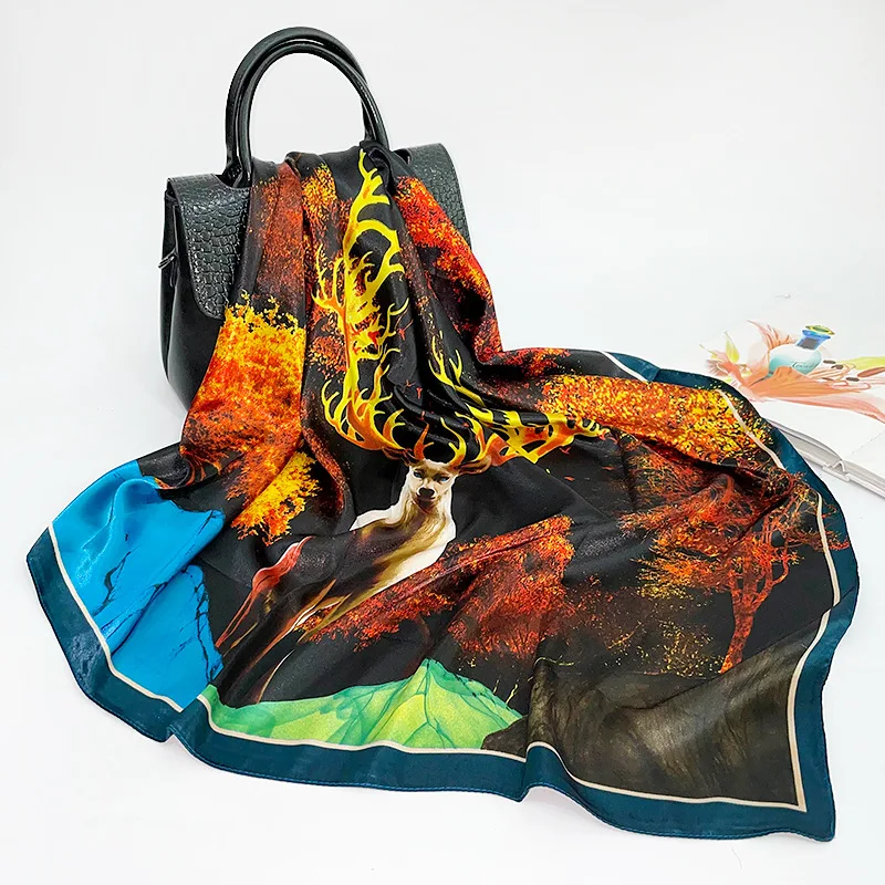 

Artificial Silk Scarf Female Large Kerchief 90cm Closed Toe Shawl Landscape Deer Custom Satin Scarf