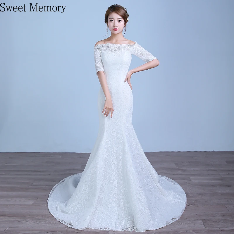 

Sweet Memory 2021 Boat Neck Half Sleeves White Lace Mermaid Wedding Dresses Women Floor-Length Wedding Party Dress Long Vestidos