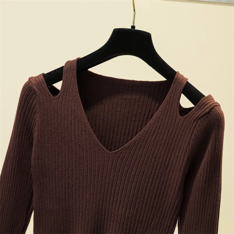 

V Neck Sexy Knitted Sweater Pullover for Women 2020 Autumn Winter New Slim Solid Color Long Sleeve Top Pull Femme