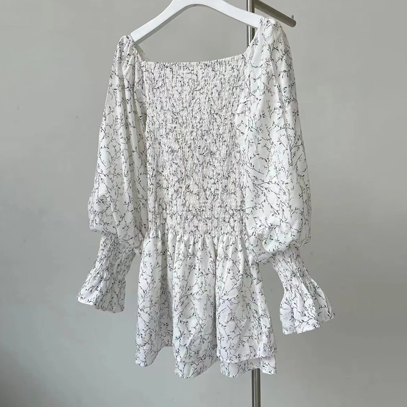

VGH Elegant Print Dress For Women Square Collar Puff Long Sleeve High Waist Ruched Slim Mini Dresses Females 2021 Summer Fashion