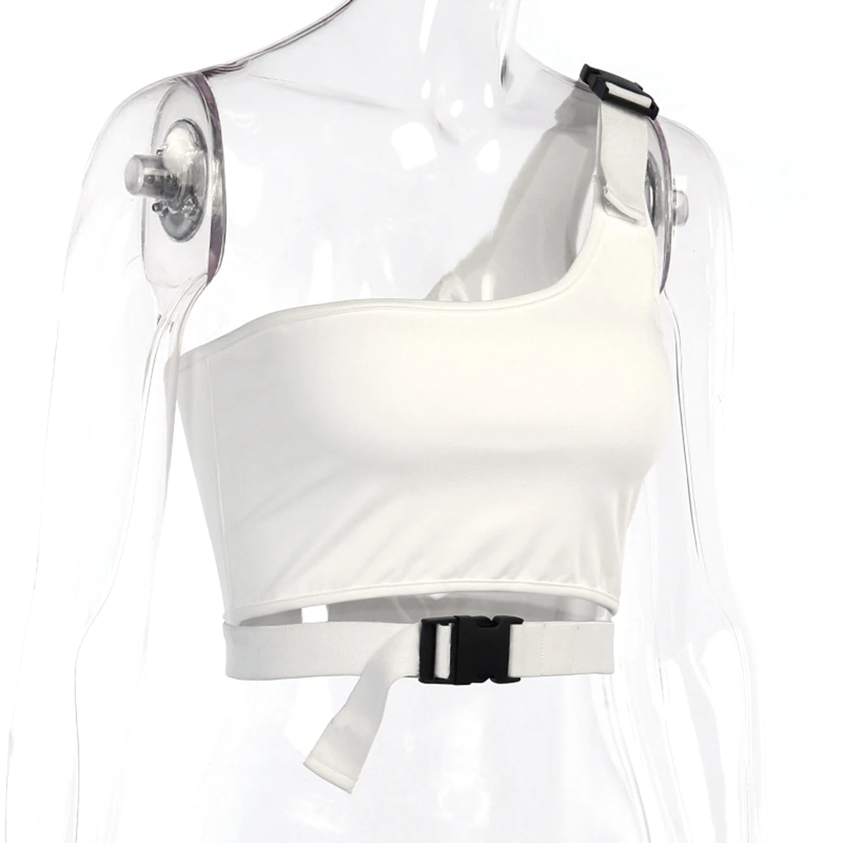 

Womens Tops Fashion Buckle Tank Tops Shirts One Shoulder Short Style Vest White Clothing Women Clothes T-shirts
