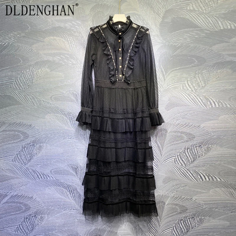 

DLDENGHAN Fashion Dot Summer Mesh Dress Women's Stand Collar Flare Sleeve Cascading Ruffle Vintage Long Dresses