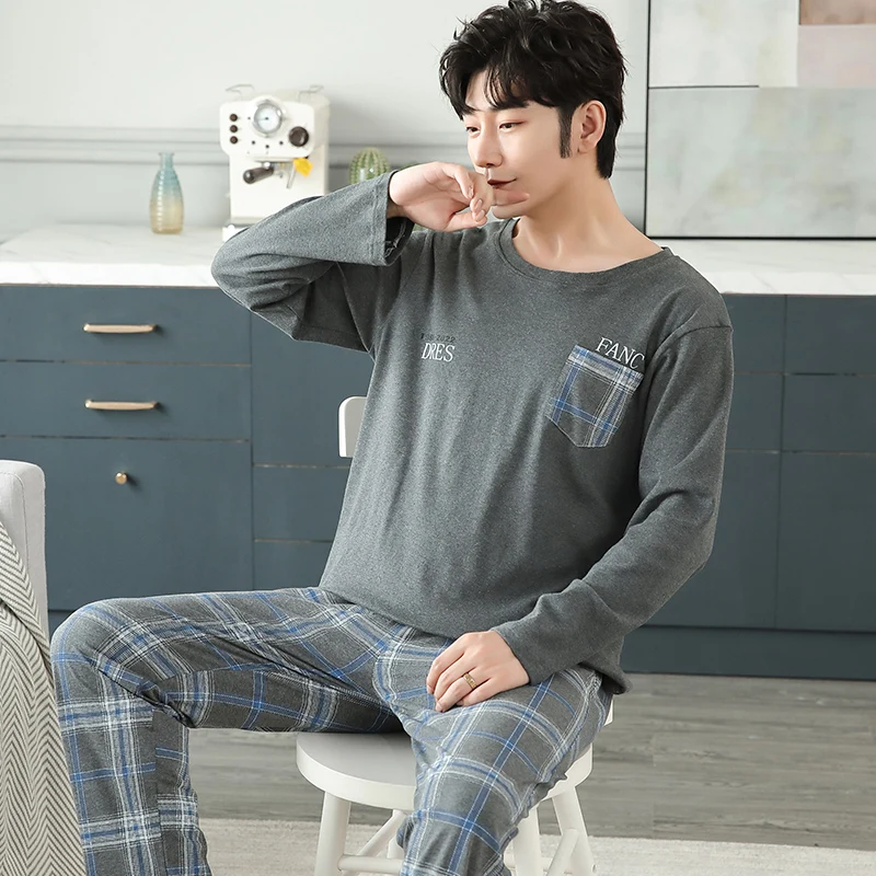 Men's Pajamas Set Autumn Winter Leisure Elastic Waist Men Sleepwear Set Cotton Men's Long Sleeve Nightwear Loose Homewear Cloth