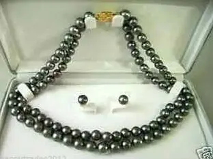 

new Style Hot sale****vogue 2 Strands 7-8mm Black Freshwater Pearl Necklace Fashion Wedding Party Jewellery