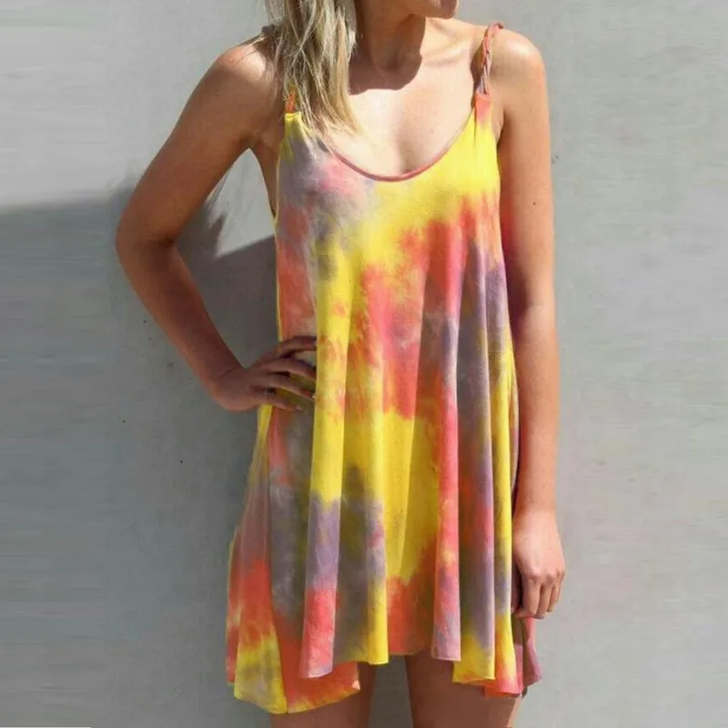 

Woman Gradient Color Printing Sling Dress Casual Long Camisole Vest dress Women Loose a-line dresses
