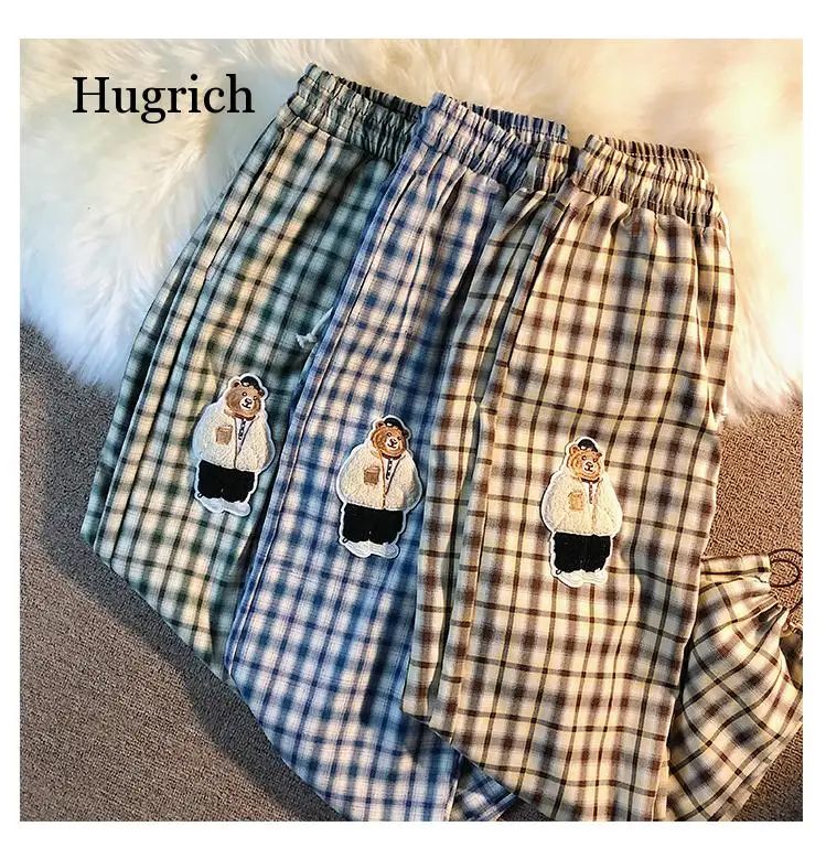 

Sportswear Cute Bear Women's Spring and Autumn Thin Loose Straight Casual Pants Korean Plaid Harun Leggings