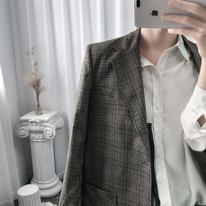 Новый модный клетчатый блейзер с длинным рукавом мужской пиджак классический