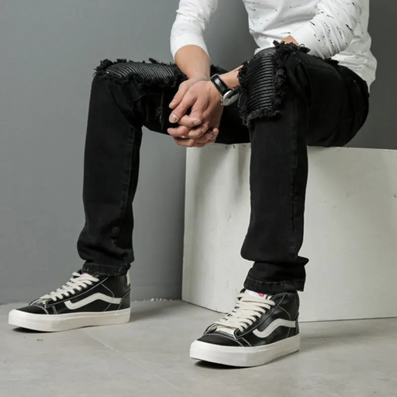 American Street Fashion Men Jeans Black Color Elastic Slim Fit Ripped Jeans Men Leather Patch Designer Hip Hop Denim Punk Pants