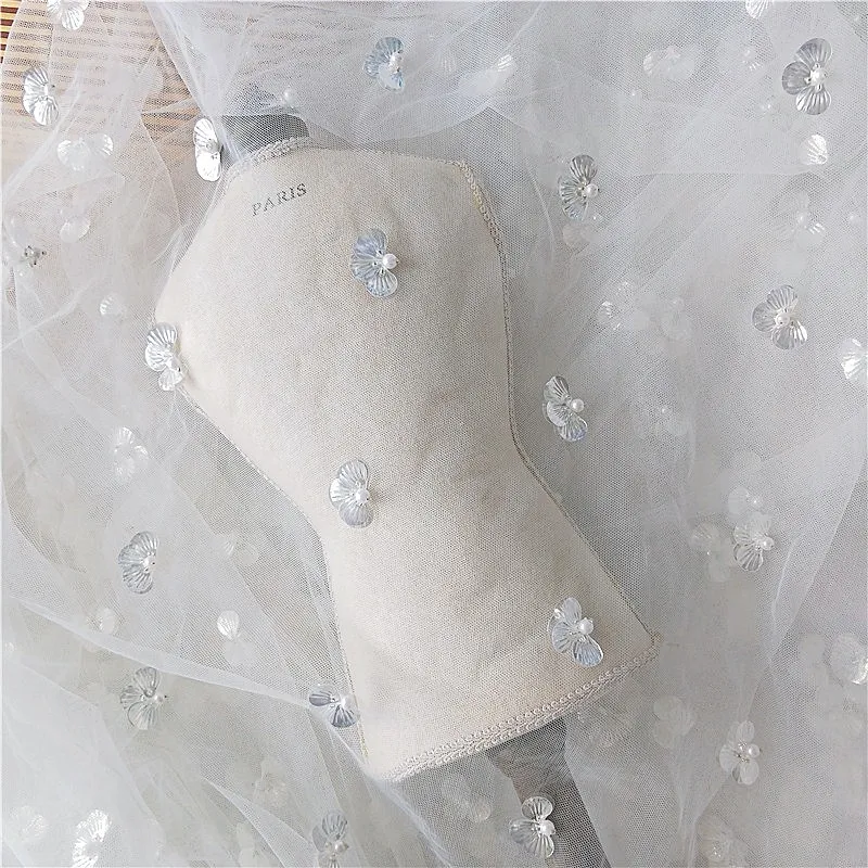 

GLace 1Y/Lot New shell pearl pieces scattered flowers embellished lace fabric cloth DIY production children's cloth TX1598