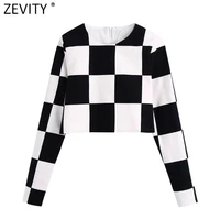zevity women vintage black white patchwork plaid print short smock blouses lady chic retro back zipper shirts crop tops ls9750