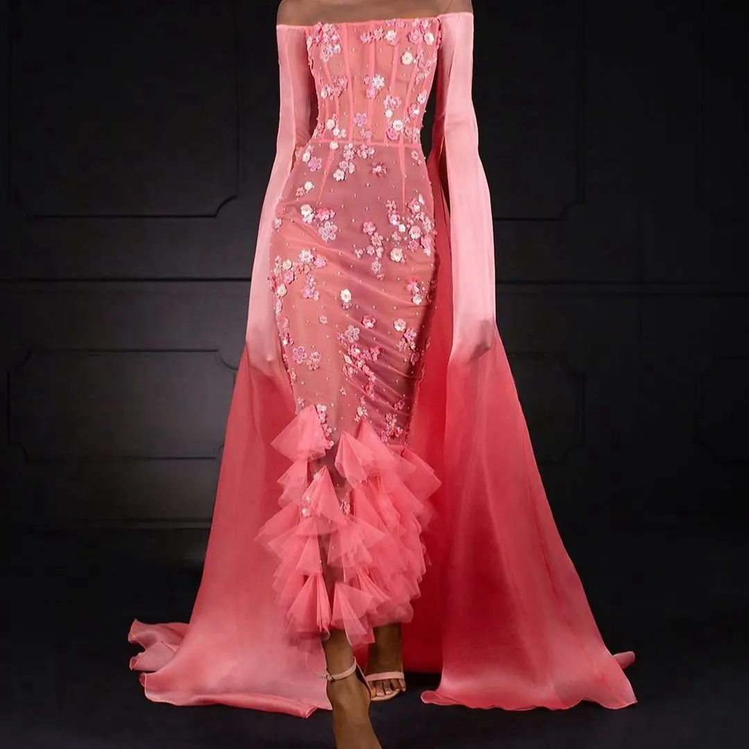 

Fantastic Prom Dress Off-The-Shoulder Long Sleeve Corset Gown Sequins Pearls 3D Flowers Ruffle Ankle Length Evening Party Gown