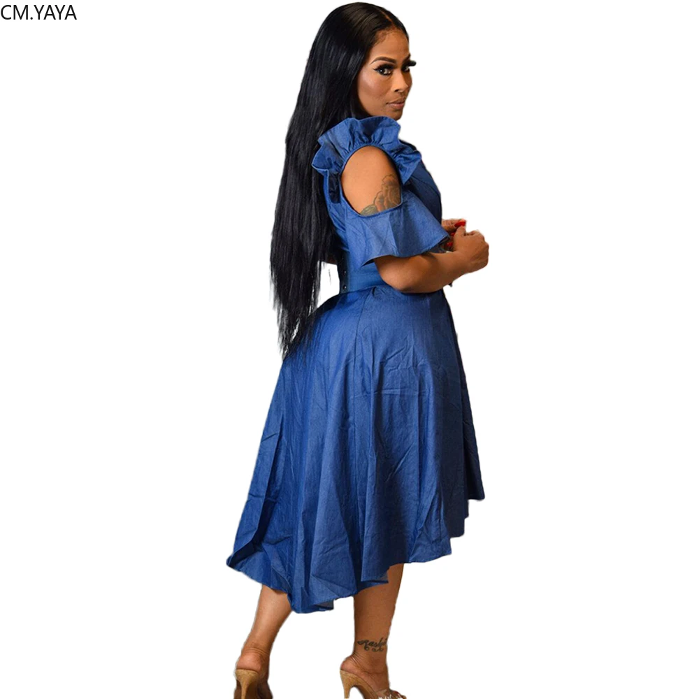 Женское джинсовое платье миди с оборками и рукавами крылышками Клубные вечерние