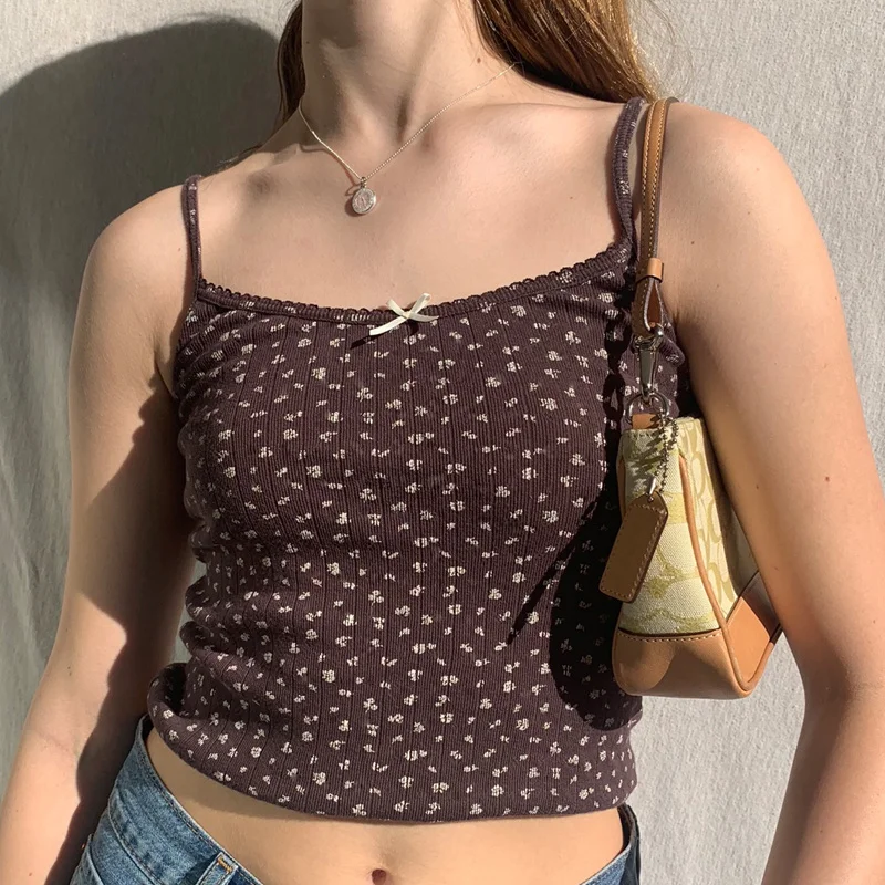 

ZOVSV Floral Print Brown Y2K Sleeveless Cami Top Summer Casual Cotton Crop Top 90s Fashion Spaghetti Strap Top Streetwear