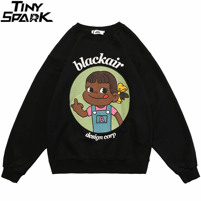 

Men Streetwear Sweatshirt Pullover Hip Hop Anime Girl Letter Print Sweat Shirt 2021 Autumn Harajuku Cotton Casual Pullover Black