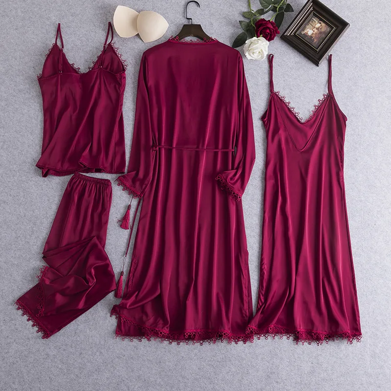 

Women Pajamas Set 4 Pieces Pajams Set Satin Silk Sexy Home Clothes Summer Sleepwear Female Loose Long Sleeve Pyjamas Suit
