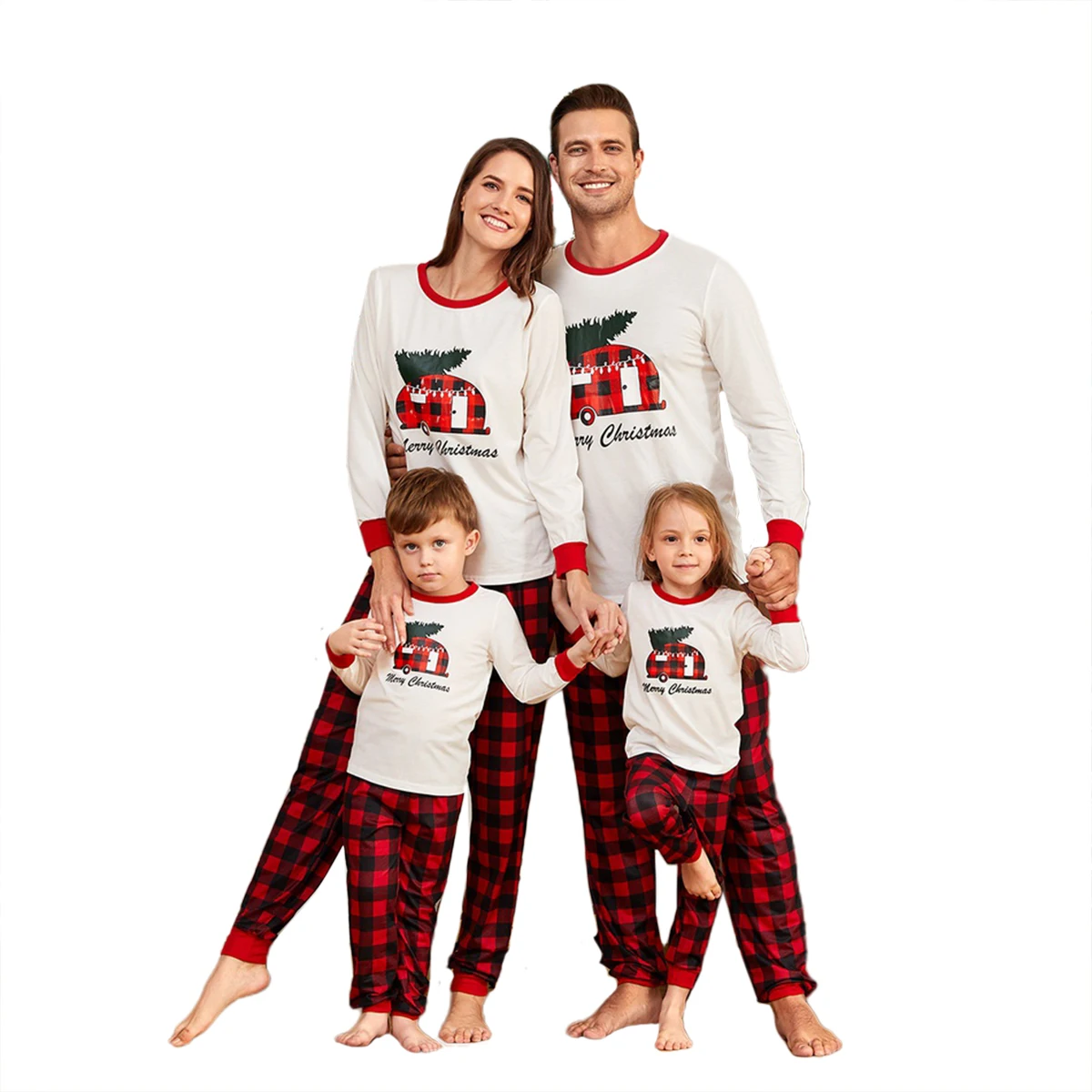 

AA 2020 Christmas Parent-child Family Outfit Plaid Printing Letter Classic Round Neck Pajamas