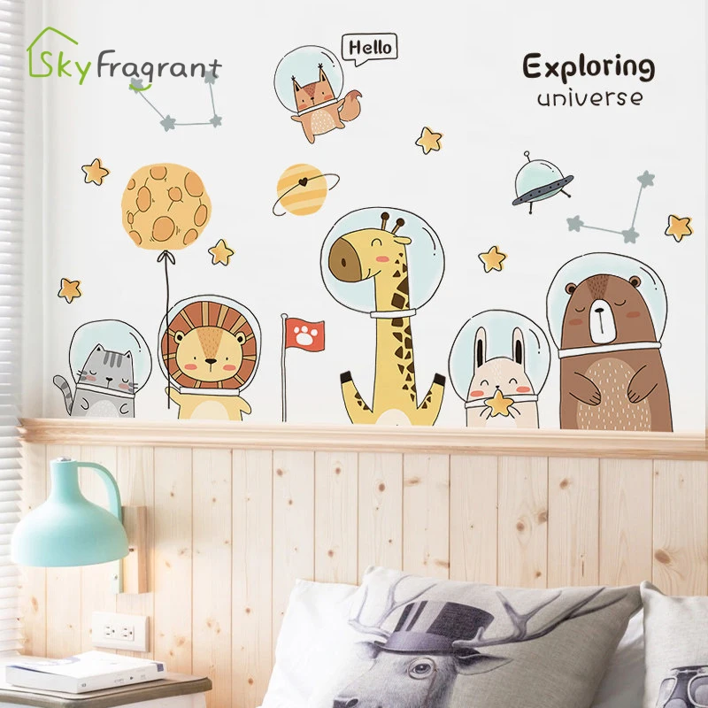 Милые наклейки на стену с изображением космонавта и животных для детской комнаты