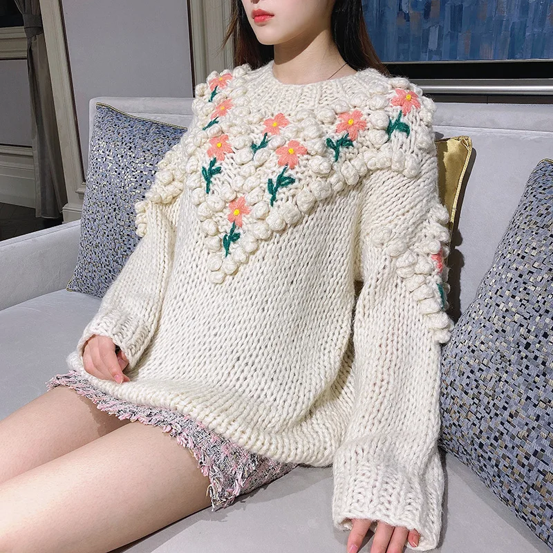 

Японский Мори девушка ретро цветок вышивка свитер руководство крючком Свободные пуловеры ленивый ветер женский аниме Y2K трикотаж