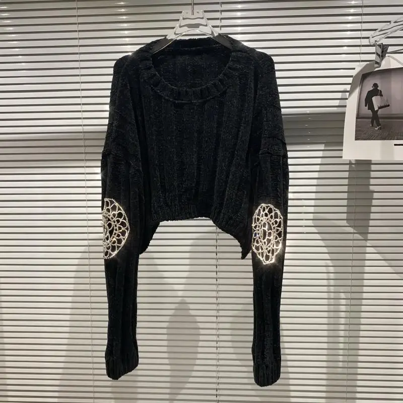 

Новинка Весна 2021, стразы, Свободный пуловер с круглым вырезом, Женский вязаный свитер, женские черные свитера с длинным рукавом, женский дже...