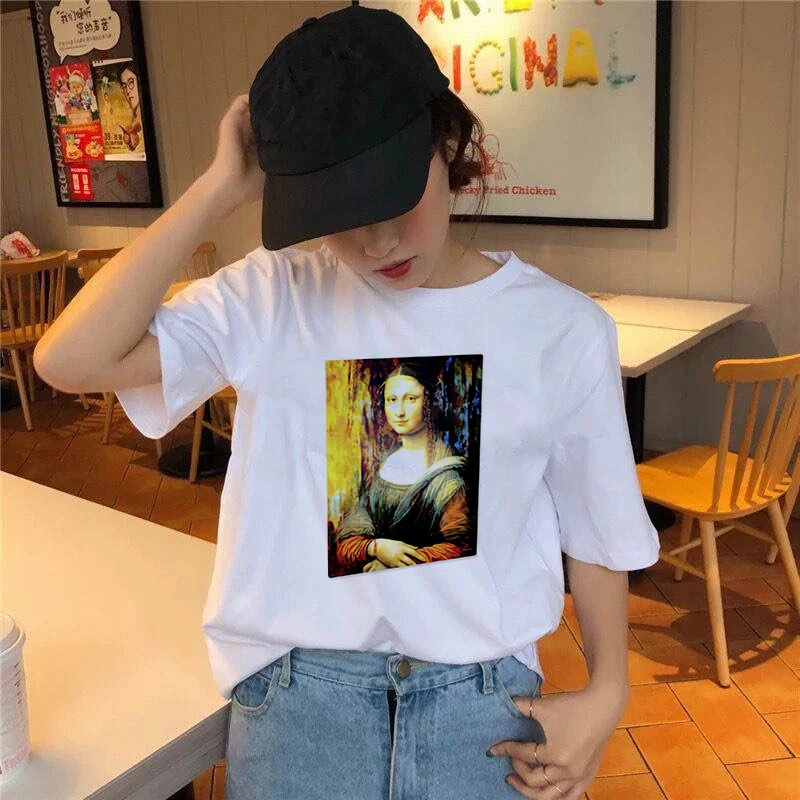 

Women aesthetics funny Tshirts Casual Short Sleeves Tops Female streetclothing summer spoof Mona Lisa Printing T-Shirts