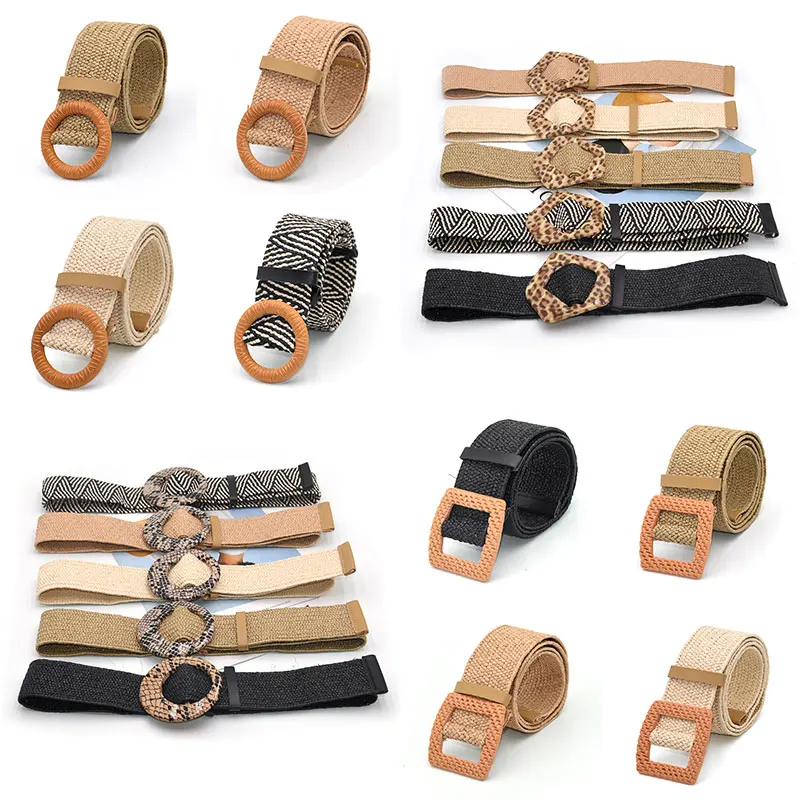 

New Bohemian Summer Wooden Buckle Wild Braided Belt Wide Belt Leopard Buckle Linen Weave Women Fake Straw Waist Belt Wholesale