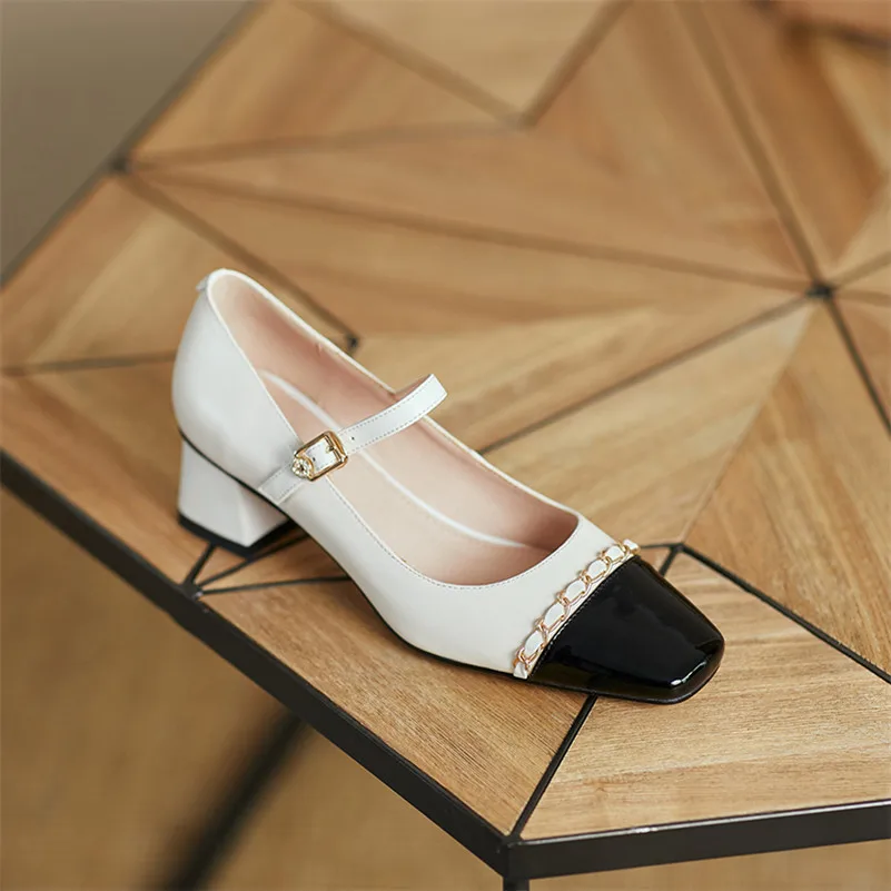 

Meotina Mary Janes Shoes Women Real Leather Med Heels Block Heel Shoes Chain Square Toe Pumps Buckle Strap Ladies Footwear Beige