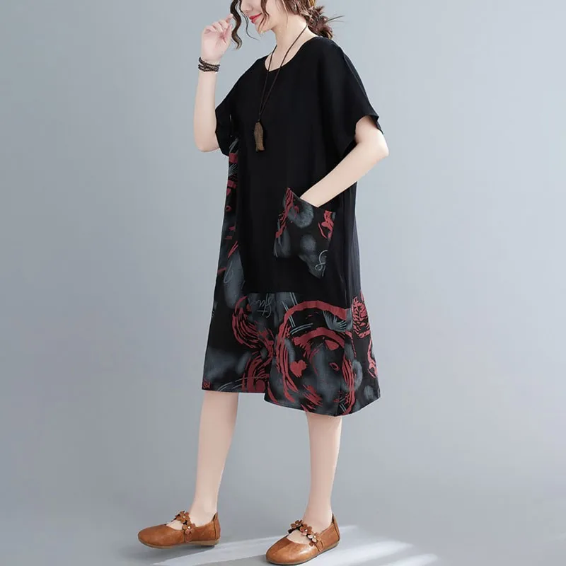 

Oversized Women Cotton Linen Casual Dress New 2021 Summer Simple Style Vintage Print Loose Female Knee-length Dresses S3900