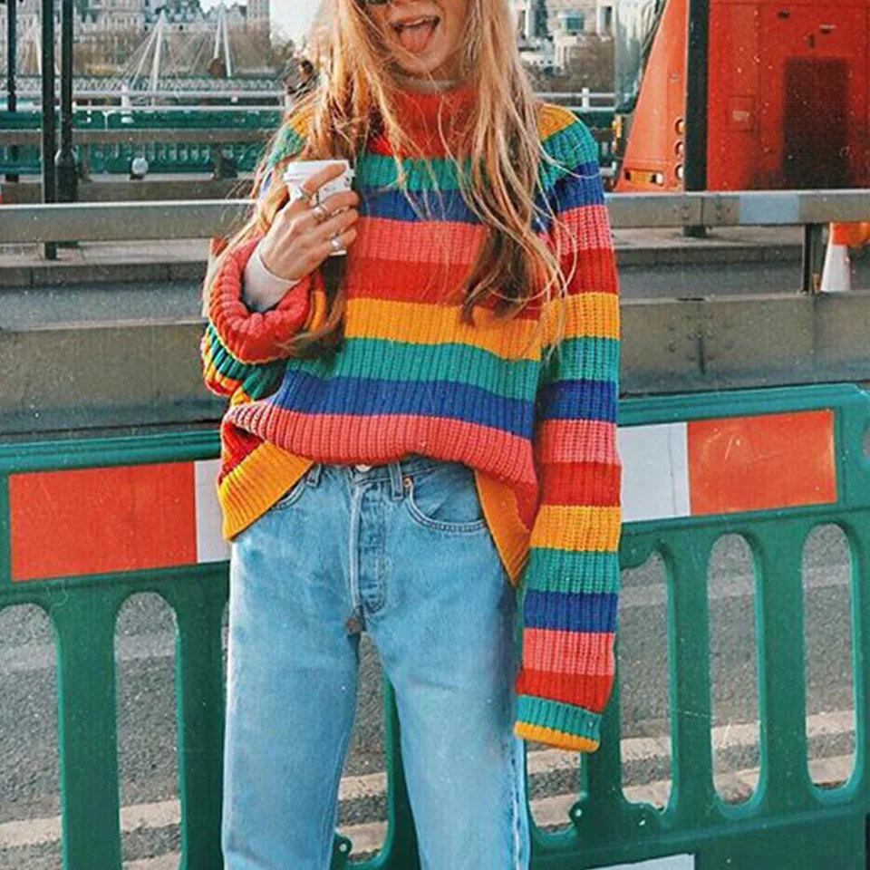 Радуга Полосатый В Полоску Свитер Грубый Вязаный Полувер Водолазка Пыхтеть