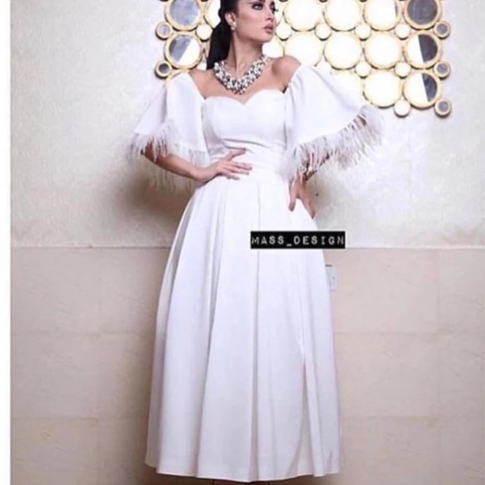 Белое выпускное платье 2020 милое декольте короткий рукав перо а линия атласные