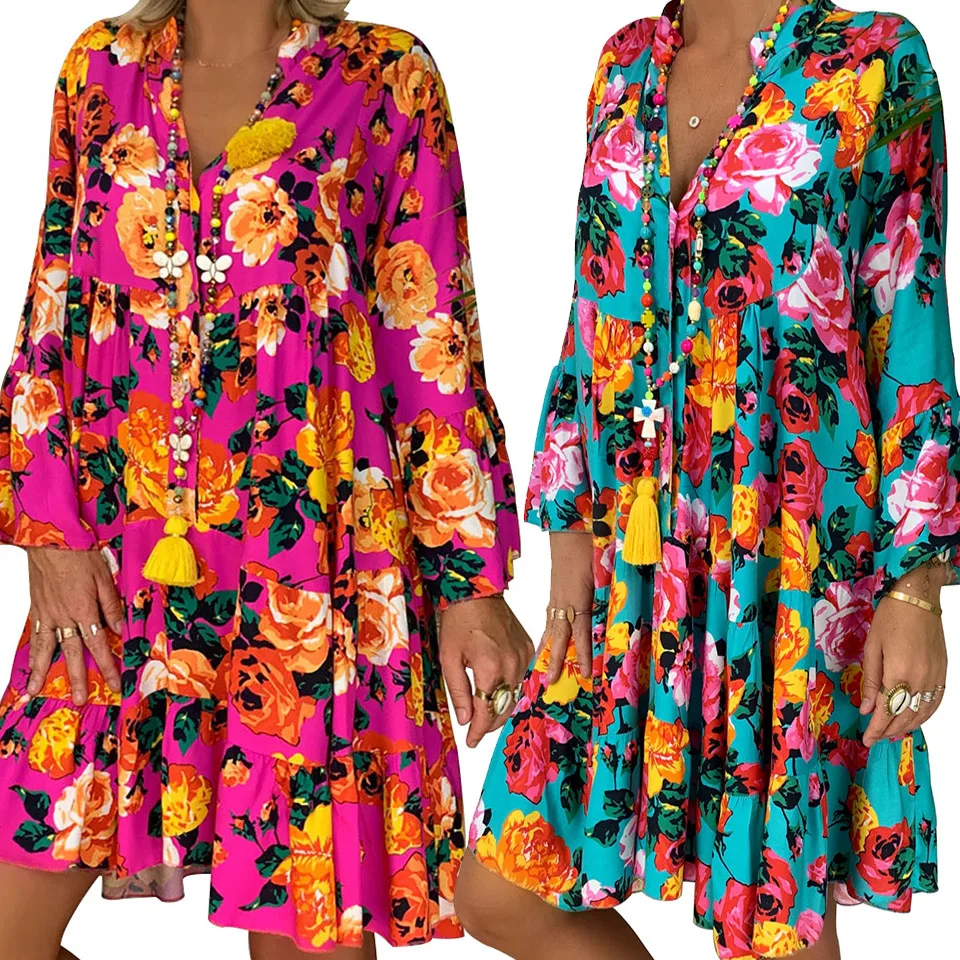 

Ruffles Wrist Sleeve Hem Dress Floral Print Sukienka Front Button Drape Dress Plus Size Dresses For Women 4xl 5xl Robe Ete 2021
